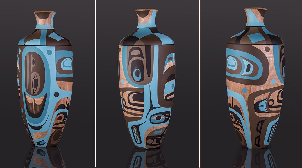 Bear Transformation Steve Smith – Dla’kwagila Oweekeno Turned maple vase, paint 22 x 8 x 8 sculpture wood vase contemporary northwest coast native art