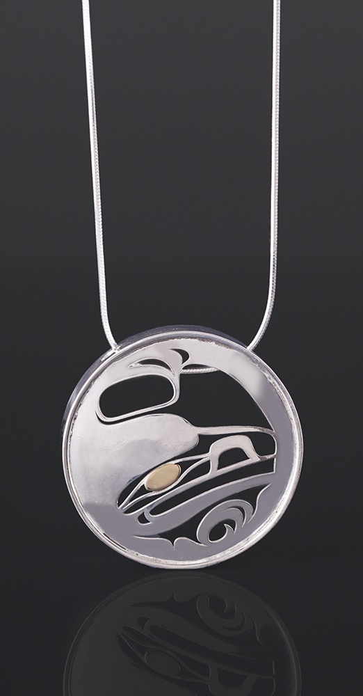 raven in the round pendant Grant Pauls Tahltan Silver, 14k gold, silver chain 1 1/2 dia. x 1/4 375 jewelry native art northwest coast