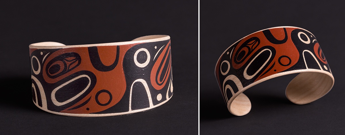 Two Families Steve Smith – Dlakwagila Oweekeno Curled Maple 6 x 1.5 original sculpture bracelet jewelry northwest coast native art