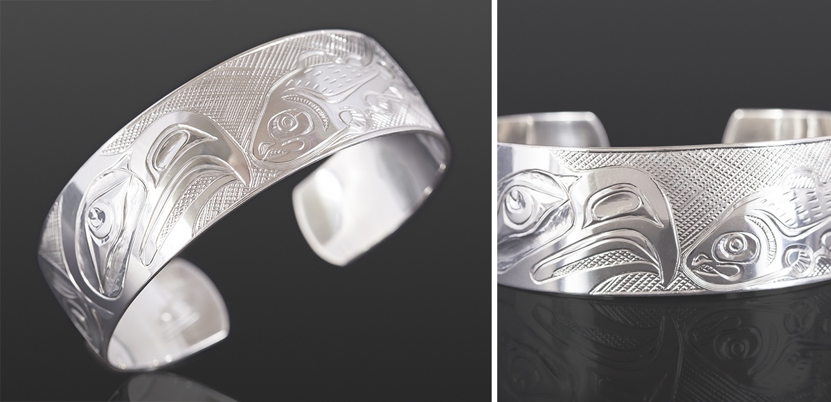 Eagle and Salmon bracelet Kelvin Thompson Saulteaux Silver 6 x ¾ 425 jewelry northwest coast native art