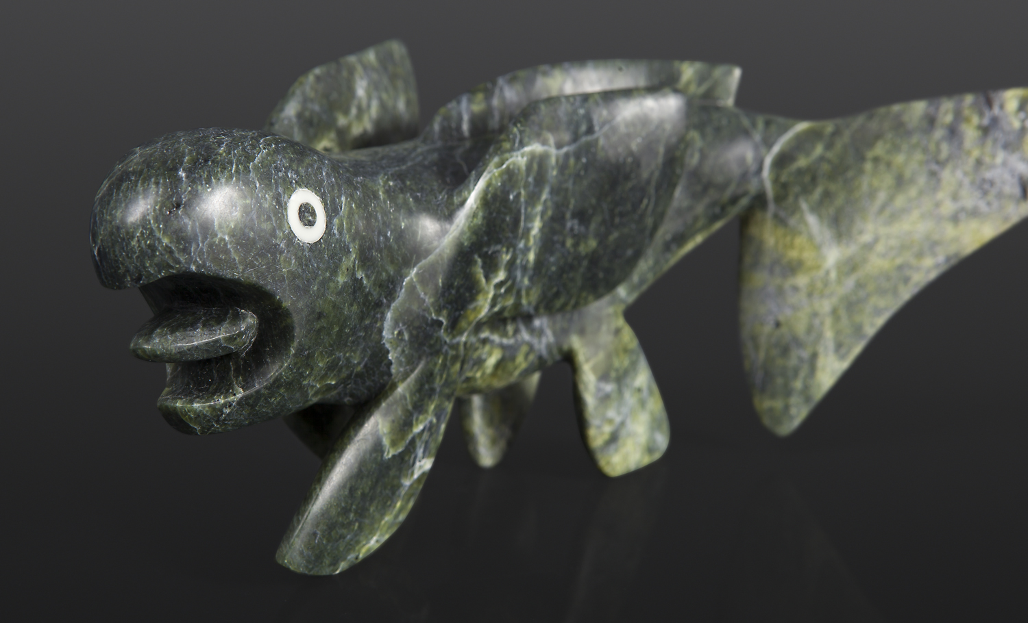 first fish transformation Toonoo Sharky Inuit Serpentine, bone, baleen 10 x 4 x 3 1500 Inuit sculpture cape dorset stone bird