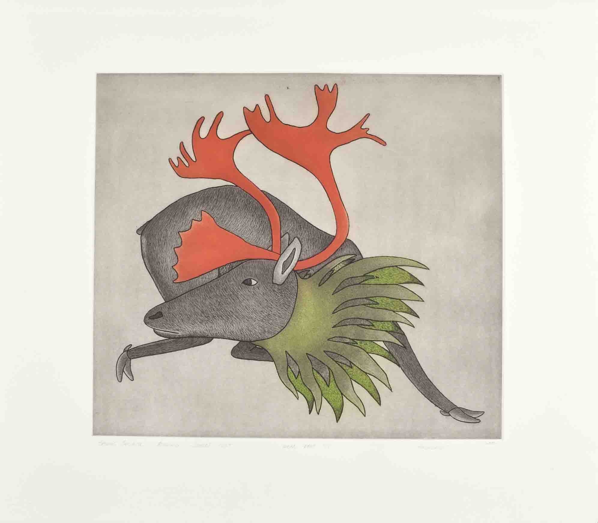 Kavavaow Mannomee Cape Dorset Inuit Etching and aquatint 24 x 27 1200 spring caribou 1995