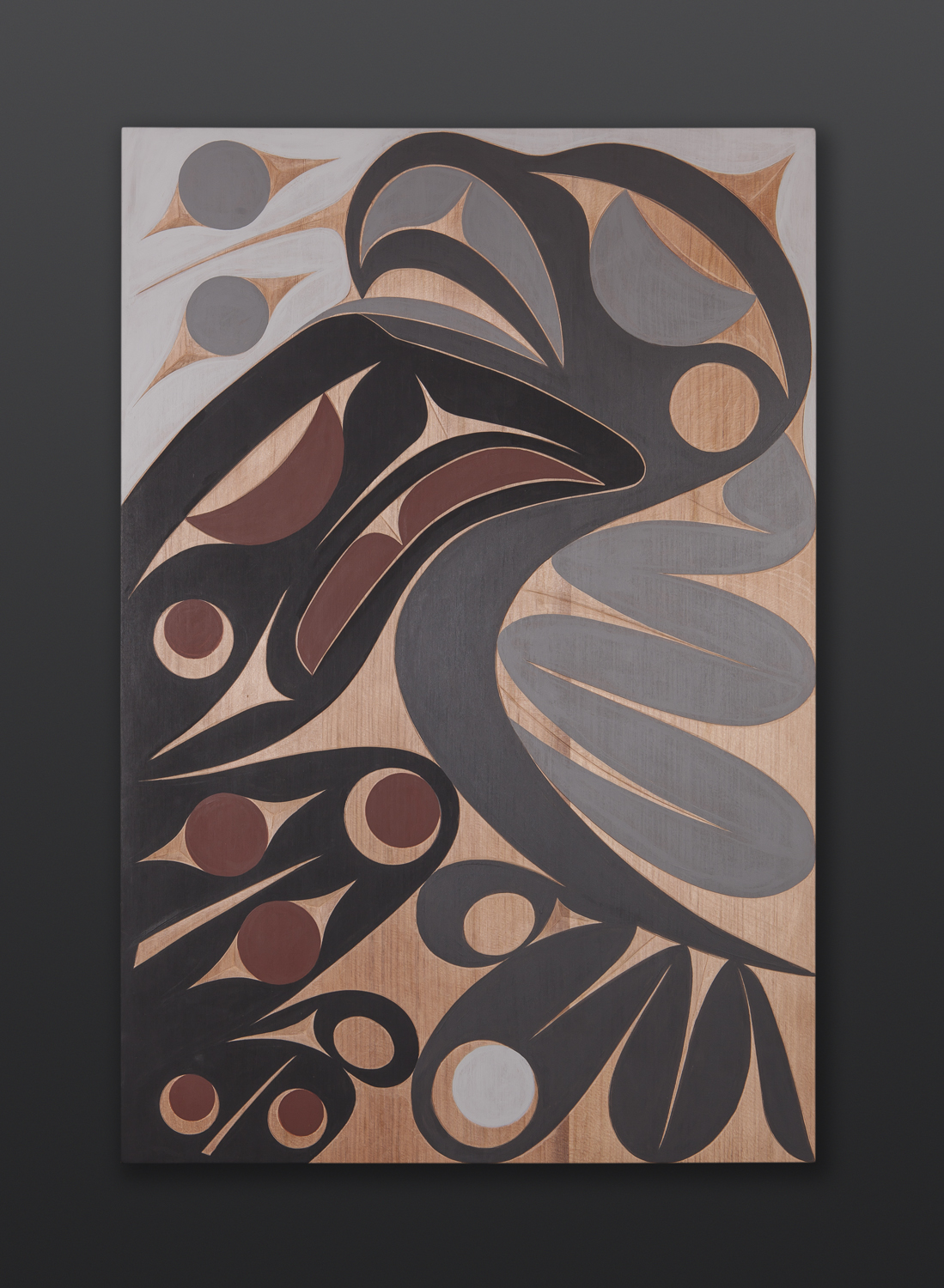 Raven and Seagull panel Andy Peterson Coast Salish Cedar panel, paint 31 x 21 2200 northwest coast native art