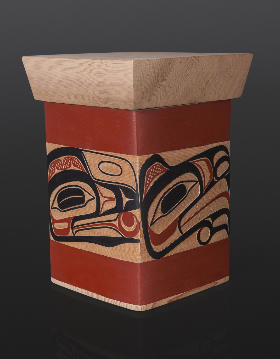 Four Clans Bentwood Box David Boxley Tsimshian red cedar, paint 8.25" x 8" x 11.25" 2400 sculpture wood carved northwest coast native art