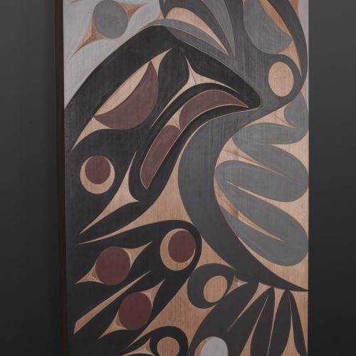 Raven and Seagull panel Andy Peterson Coast Salish Cedar panel, paint 31 x 21 2200 northwest coast native art