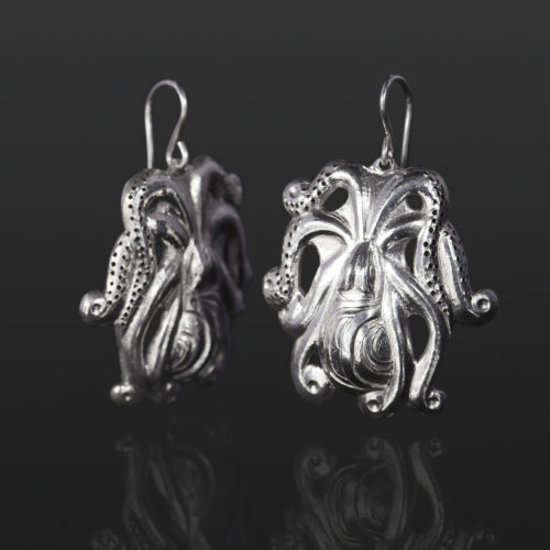 octopus earrings earrings Gus Cook Kwakwaka'wakw silver Repoussé jewelry earrings native art northwest coast 1 1/4 x 1 1/4 1500