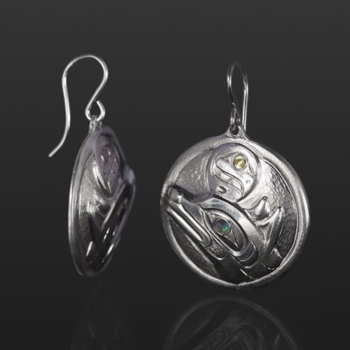 wolf moon earrings Gus Cook Kwakwaka'wakw silver Repoussé jewelry native art northwest coast abalone 1 x 1 1400