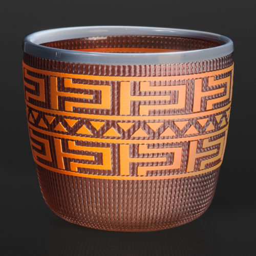 orange and grey basket Preston Singletary Tlingit blown & sand-carved glass 5" x 5½" 3000 berry basket northwest coast native art glass blowing glass artist seattle