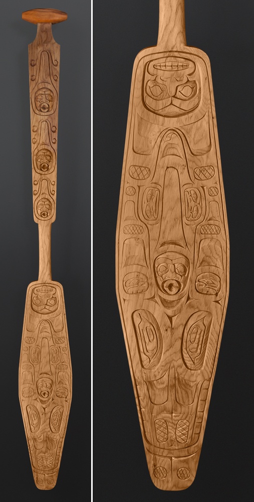Jonathan Henderson Kwakwaka'wakw Orca Family' Paddle Nimpkish Valley yew wood 70 x 8 $4400