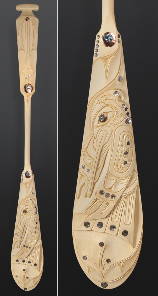Troy Roberts Kwakwaka'wakw Hummingbird paddle Yellow cedar abalone copper 62 x 7 ½ $3500