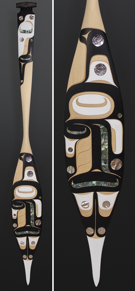Moy Sutherland Nuu-Chah-Nulth Yellow cedar, paint, abalone 68" x 8" orca