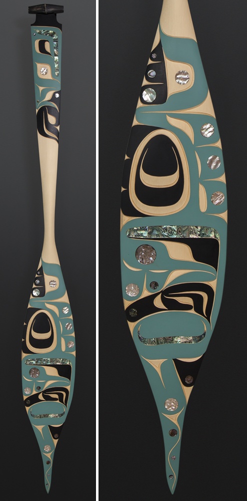 Moy Sutherland NuuChahNulth Hummingbird paddle Yellow cedar paint abalone 68 x 8 $3400