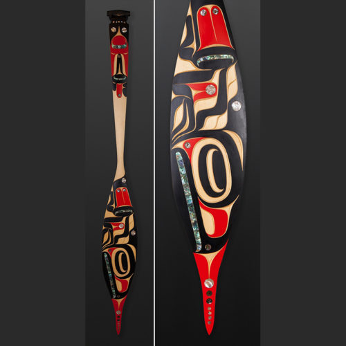 Eagle Paddle Moy Sutherland Nun Chah Nulth Yellow cedar abalone paint 69 x 8 x 1 ½ $3500
