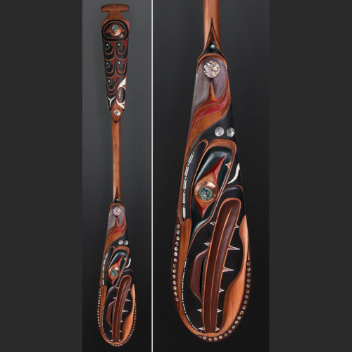 Troy Roberts Kwakwaka'wakw Raven Paddle Yellow cedar paint abalone copper 63 x 8 $3500