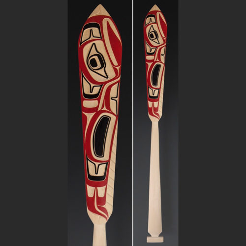 Cori Savard Haida Thunderbird paddle Yellow cedar paint 62 x 6½ $2500