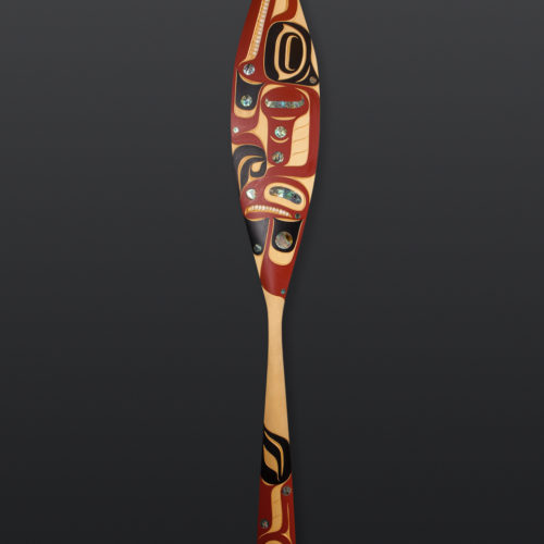 Thunderbird and Wolf Moy Sutherland Nuu chah nulth yellow cedar, paint, operculum, abalone 69" x 8" 4200