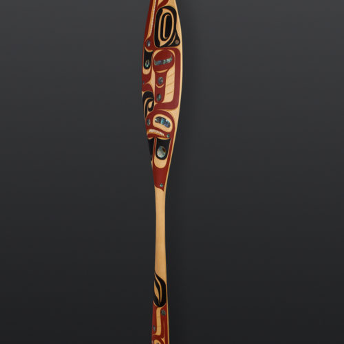 Thunderbird and Wolf Moy Sutherland Nuu chah nulth yellow cedar, paint, operculum, abalone 69" x 8" 4200