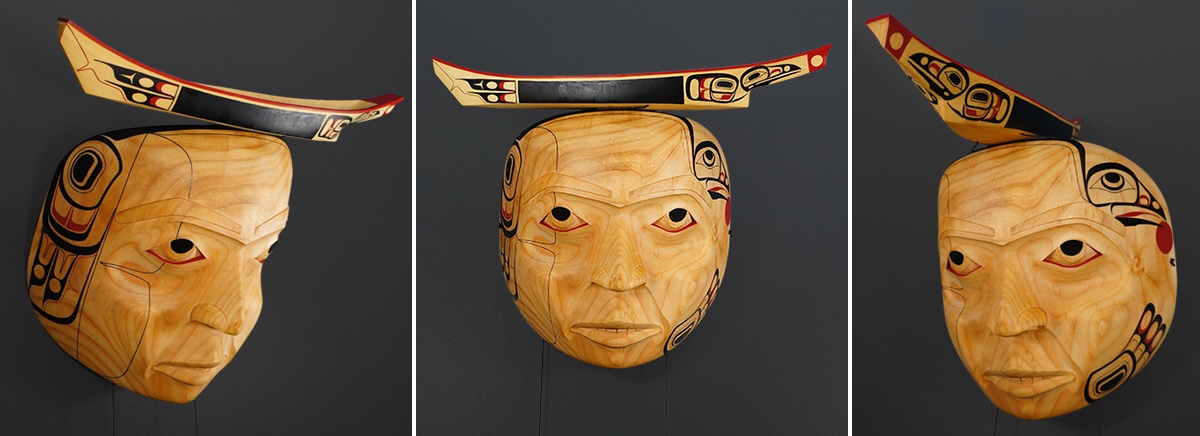 Halait (Raven’s Journey) Shawn Aster Tsimshian Alder yellow cedar leather paint cord 14 x 14 x 9 $4000