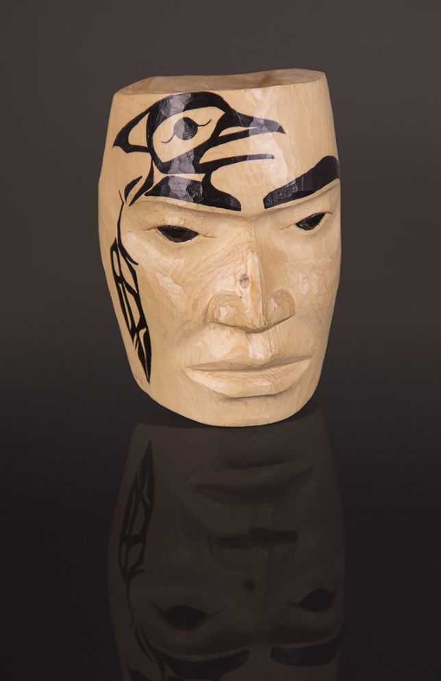 Wii Simogyet - Big Chief Portrait Mask Maquette Arlene Ness - Gitxsan Yellow cedar, paint 4” x 3” x 2”
