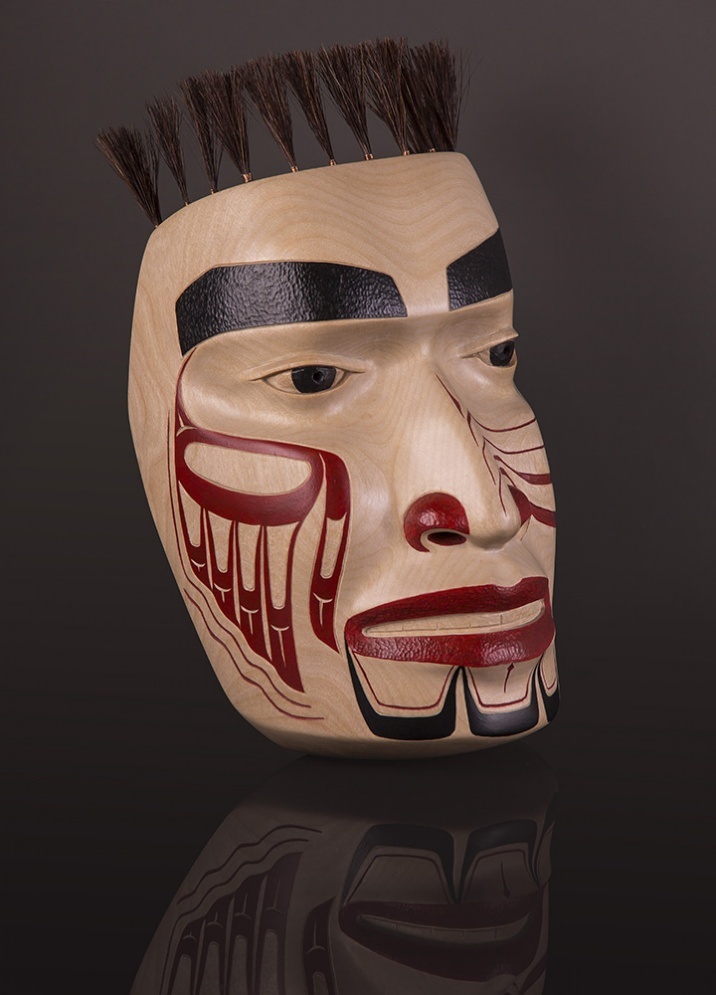 Chief's Portrait Mask Arlene Ness - Gitxsan Birch, acrylic, horsehair, copper wire 11" x 6 1/2" x 4 1/2" mask heat sun