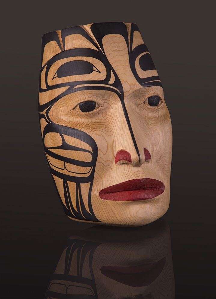 the journey Portrait Mask Arlene Ness - Gitxsan Red cedar, paint 10" x 6 1/2" x 4"