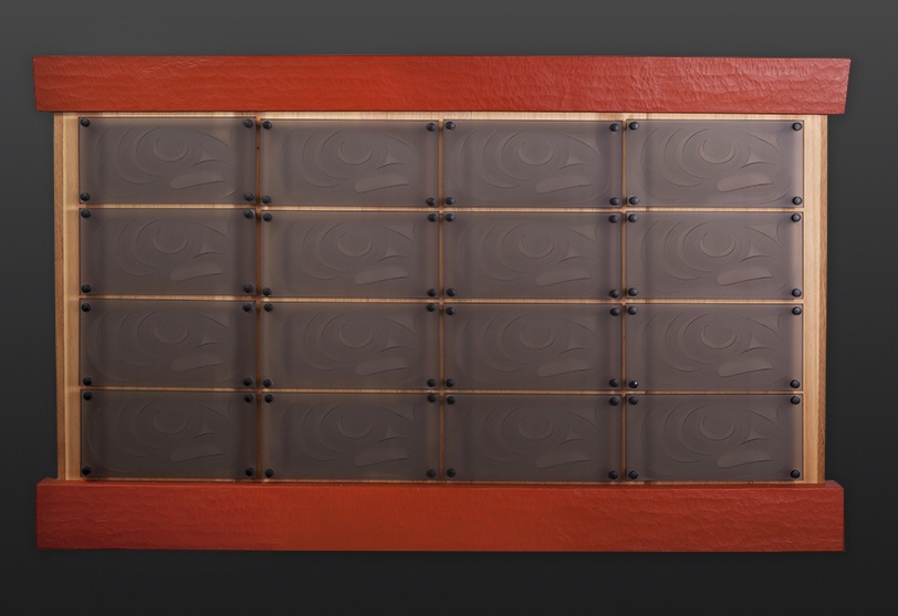 salmon box panel John Goodwin - Nytom Makah cedar salmon box Red cedar, glass, paint 55" x 34" $3000