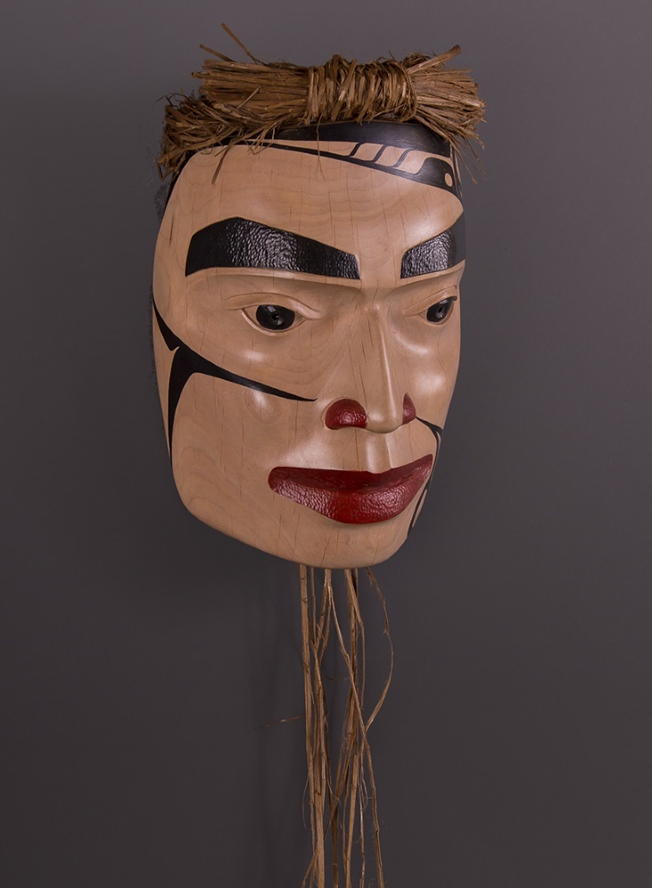 Warrior of Temlahamid Portrait Mask Arlene Ness - Gitxsan Alder, acyrlic, cedar bark 9" x 6 3/4" x 4"