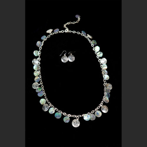 Salmon Run Necklace and Earring Set Juanita Ens Haida Sterling Silver, abalone 24" adjustable Sold