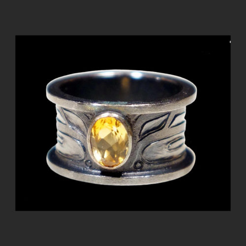 “Ksem Wudzin” Mouse Woman Hears Ring Morgan Green Tsimshian oxidized silver, Citrine 1”H, Size 8 Sold