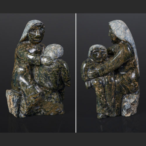 Sitting on her knee Oviloo Tunnillie, RCA Inuit (1949 - 2014) sitting knee mother and child Serpentine 12" x 8" x 7" $4500