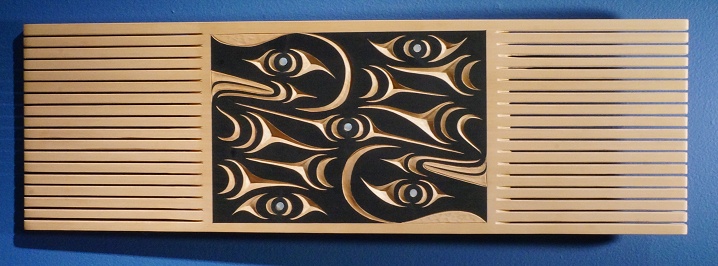Red cedar, abalone, acrylic paint 25” x 9” x ½” Salish Serpents Comb Ruth Peterson, Salish style Sold