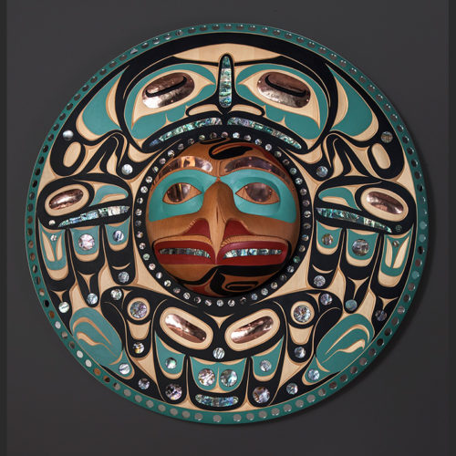 Moy Sutherland Tla-o-qui-aht Nuu-cha-nulth Moon Yellow cedar, red cedar, abalone, copper, glass, paint 38" x 38" x 9" $9500