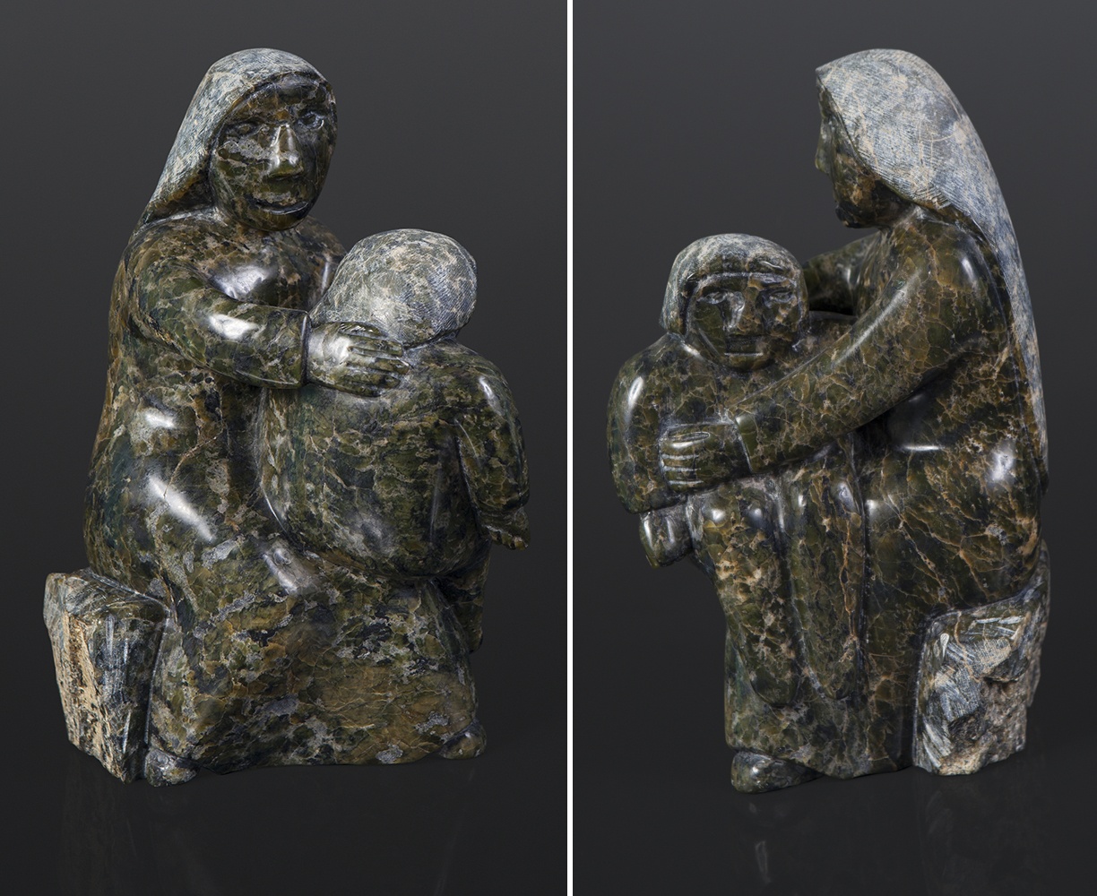 Sitting On Her Knee Oviloo Tunnillie, RCA Inuit (1949 - 2014) Serpentine 12" x 8" x 7"