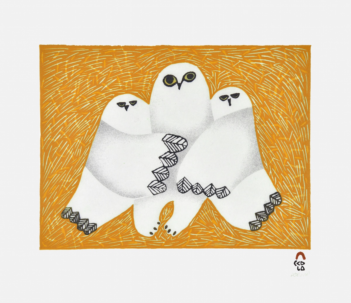 Cuddle Cape Dorset Print Collection 2015 Artist: Ningeokuluk Teevee Medium: Stonecut & Stencil Paper: Handmade Washi Kizuki Kozo White Printer: Tapaungai Niviaqsi Size: 11 x 13 inches (28 x 32.5 cm) Price: $500