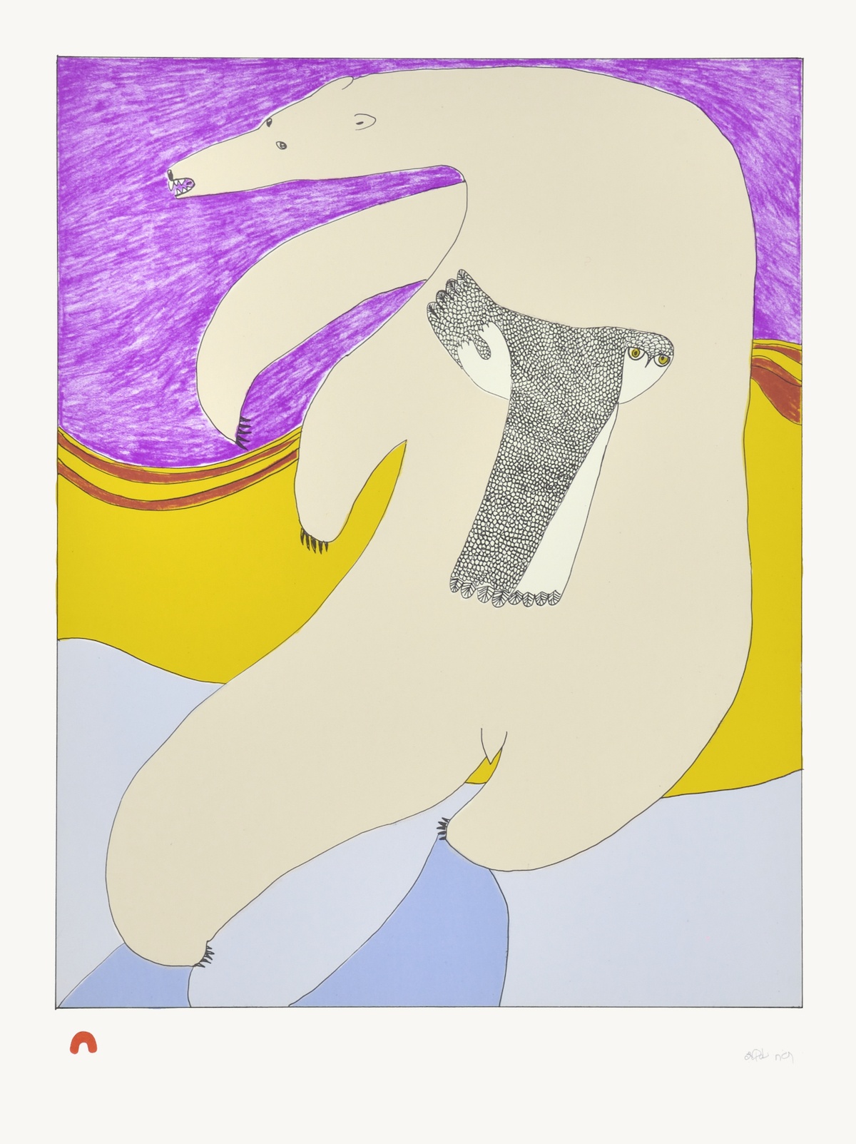 Title: Bear & Owl Artist: Ningeokuluk Teevee Medium: Lithograph Paper: BFK Rives White Printer: Niveaksie Quvianaqtuliaq Cape Dorset Print Collection 2015 Size: 24 3/4 x 23 1/2 inches (51 x 38.3 cm) Price: $600