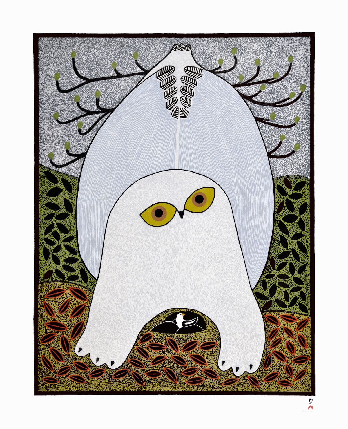Opulent Owl Cape Dorset Print Collection 2015 Artist: Ningeokuluk Teevee Medium: Stonecut Paper: Handmade Washi Kizuki Kozo White Printer: Qiatsuq Niviaqsi Size: 28 x 22 inches (71.3 x 56.2 cm) Price: $1025