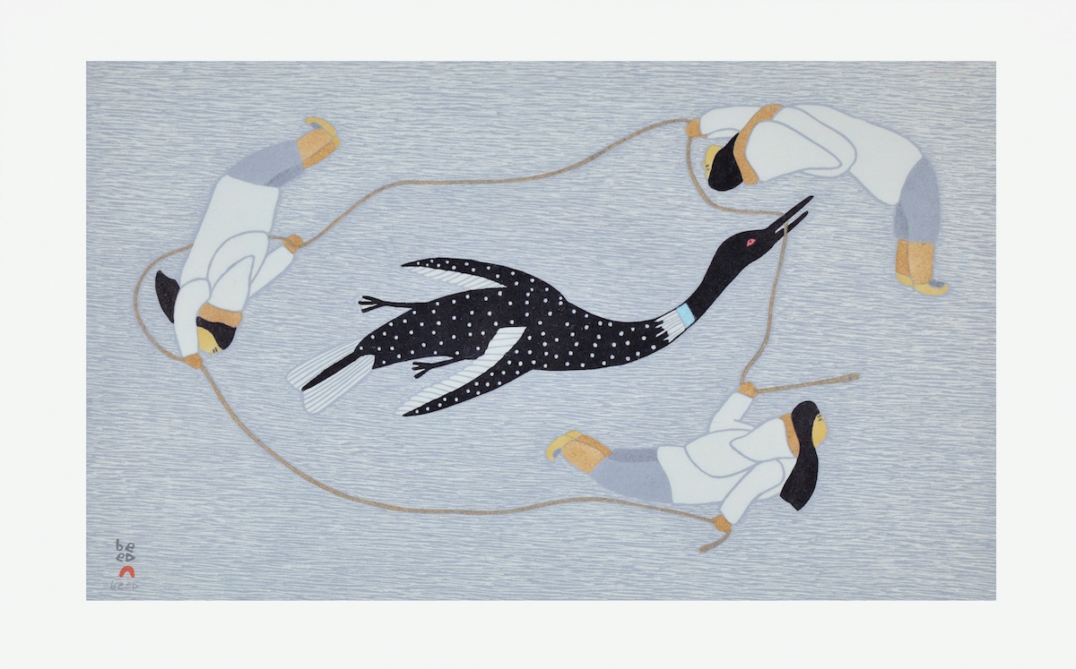 CHASING THE LOON Cape Dorset Print Collection 2015 QAVAVAU MANUMIE Medium: Stonecut & Stencil Paper: Handmade Washi Kizuki Kozo White Printer: Qavavau Manumie Size: 15 ¼ x 24 inches (38.5 x 60.8 cm) Price $700