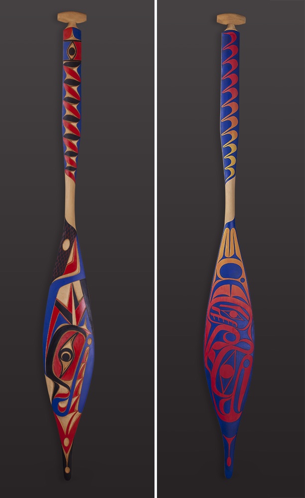 Thunderbird and Whale paddle Ray Sim - Nuu Cha Nulth “‘tiickin and “hi?iit liik” Thunderbird and Lightning Snake Yellow cedar, paint 65” x 7 1/2” $2500