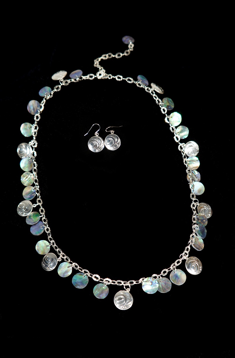 Salmon Run Necklace and Earring Set Juanita Ens Haida Sterling Silver, abalone 24" adjustable Sold