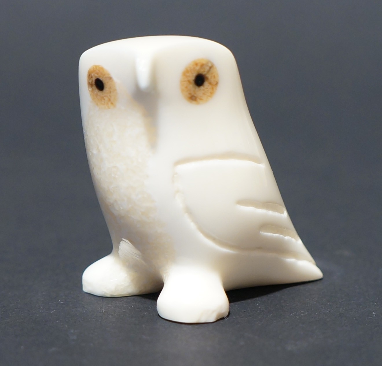 little owl Robert Tungiyan Yupik Walrus Ivory & Baleen 1" x 1.5" x 1.5"H Sold