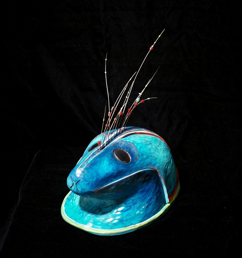 "Skookum Igallursurta (Real Good Fish Catcher)" Sea Lion Helmet Lena Amason-Berns Alutiiq red cedar, baleen, sea lion whiskers, glass beads, paint 13”H X 10”L X 8”W Sold