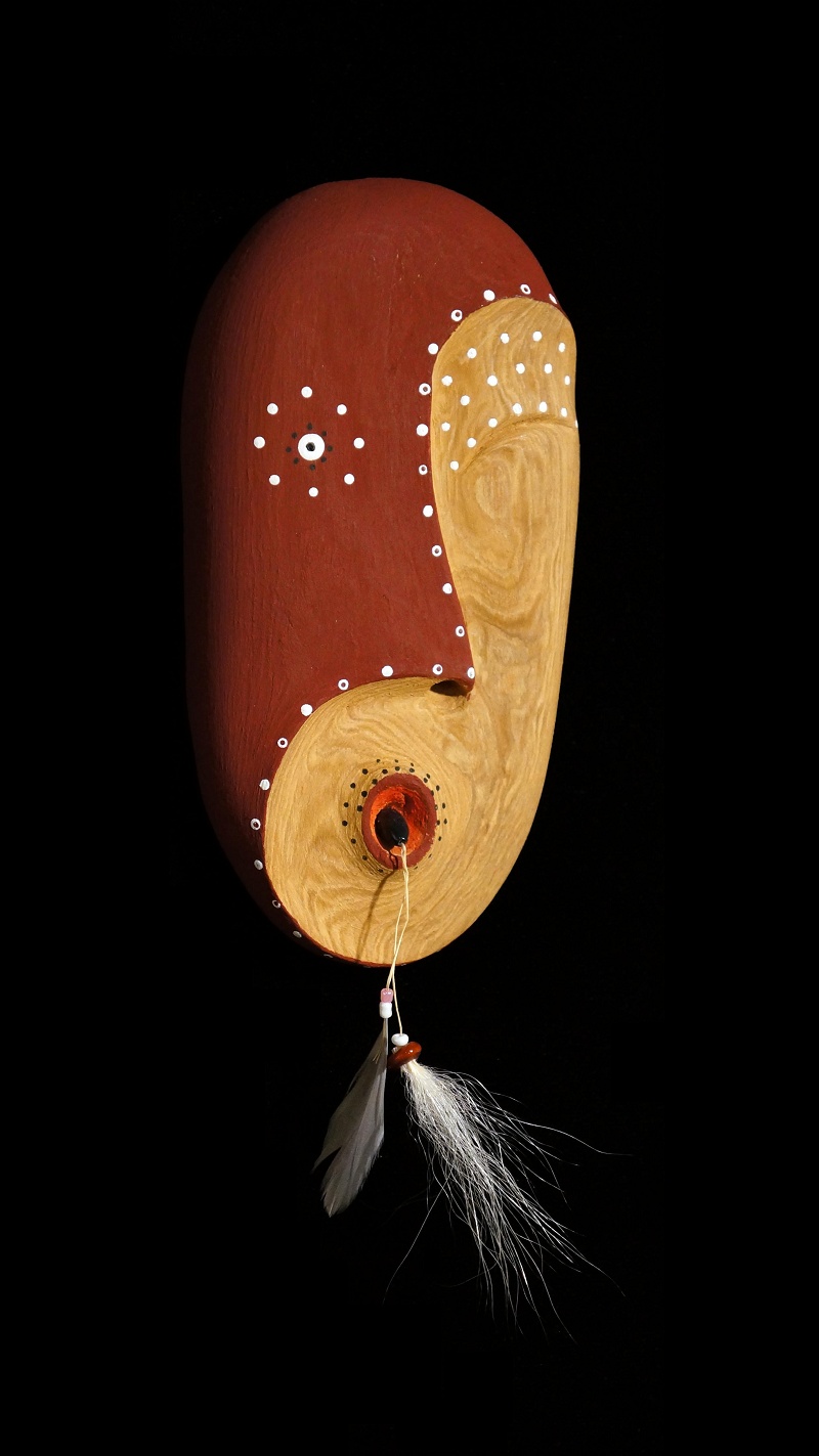 Dreamer Mask Idele Aningayou Yupik red cedar, paint, feathers, beads 6 ½” X 3 ½” X 1” Sold