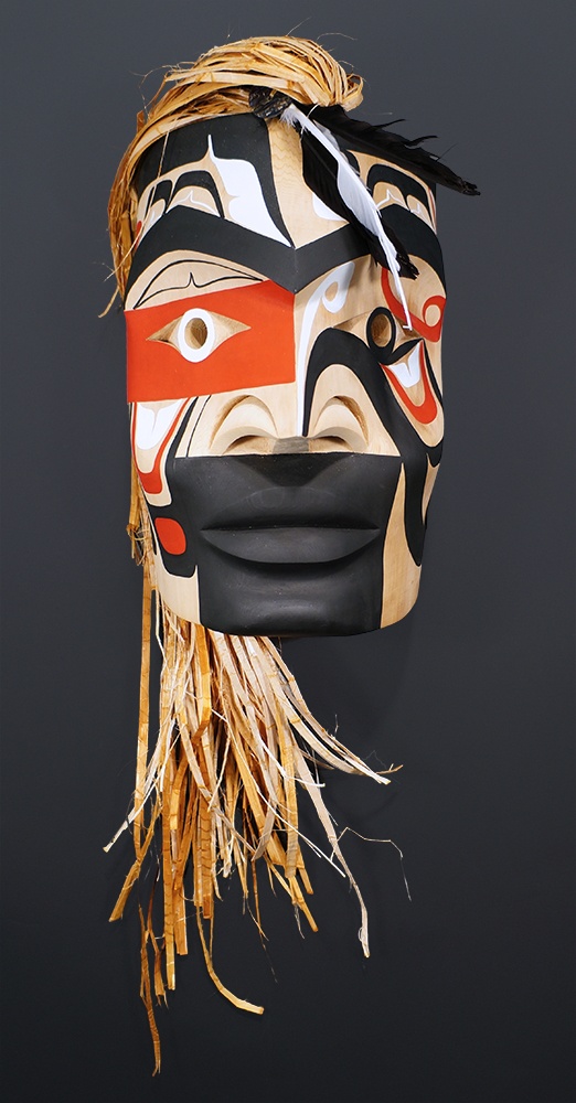 Warrior Russel Tate Dididaht Red cedar, paint, cedar bark, abalone, feathers, paint 12” x 8” x 9” $2400
