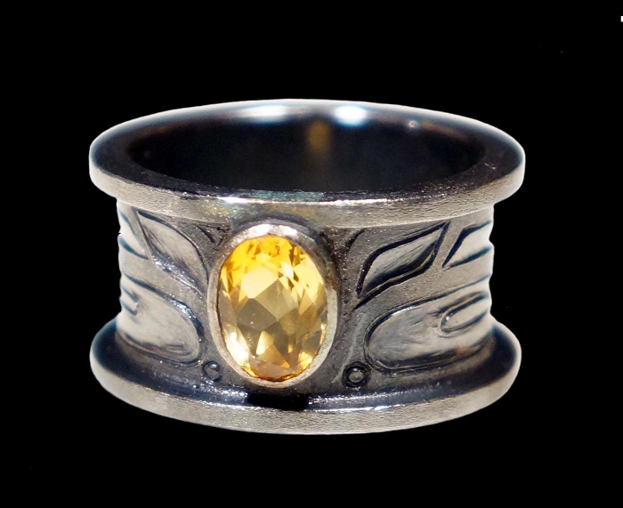 “Ksem Wudzin” Mouse Woman Hears Ring Morgan Green Tsimshian oxidized silver, Citrine 1”H, Size 8 Sold