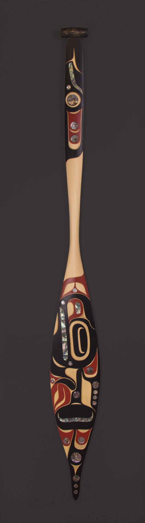 Red Raven Paddle Moy Sutherland Nuuchanulth Yellow cedar, abalone, paint 5" x 7" x 1" Sold