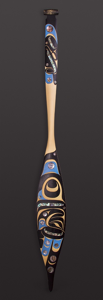 The Raven Moy Sutherland paddle - Nuu Cha Nulth Yellow cedar, abalone, paint 64” x 7” $2900