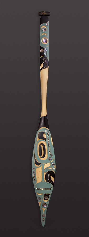 The Eagle Moy Sutherland paddle - Nuu Cha Nulth Yellow cedar, abalone, paint 64’ x 7” $2900