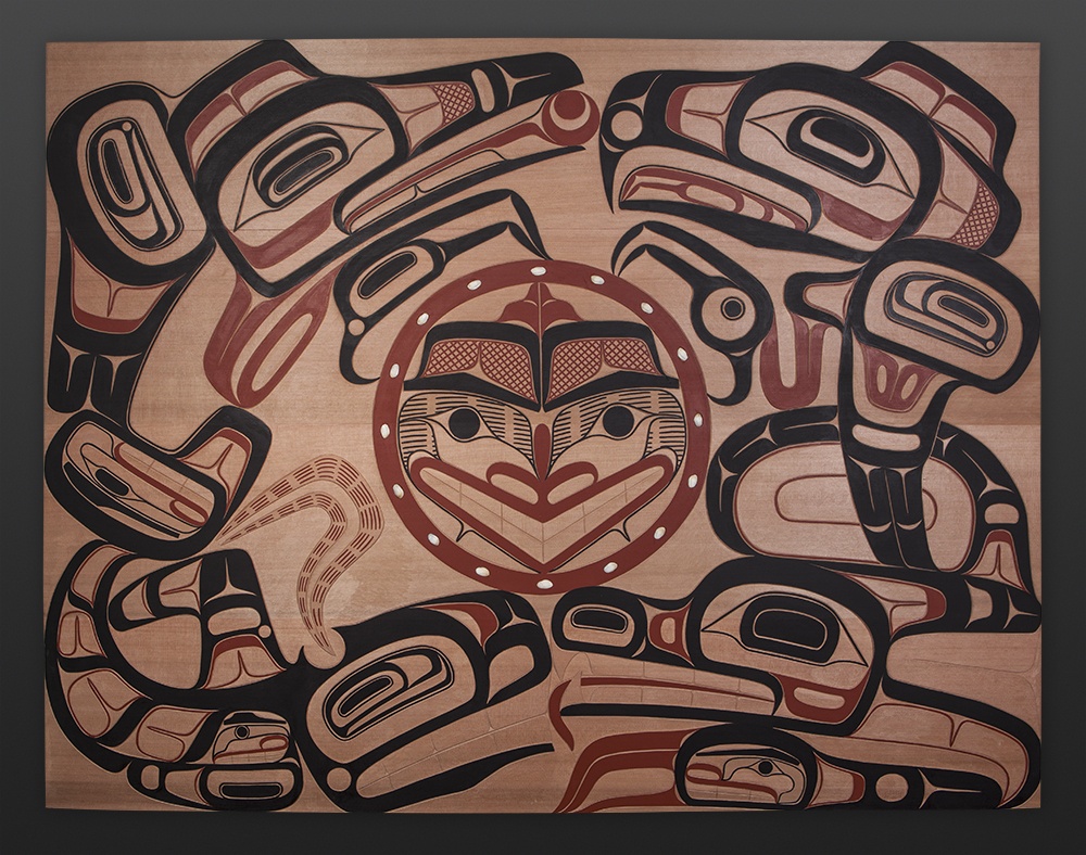 David Boxley Tsimshian four clans whale eagle raven wolf Red cedar, paint, opercula 60" x 47" $10000
