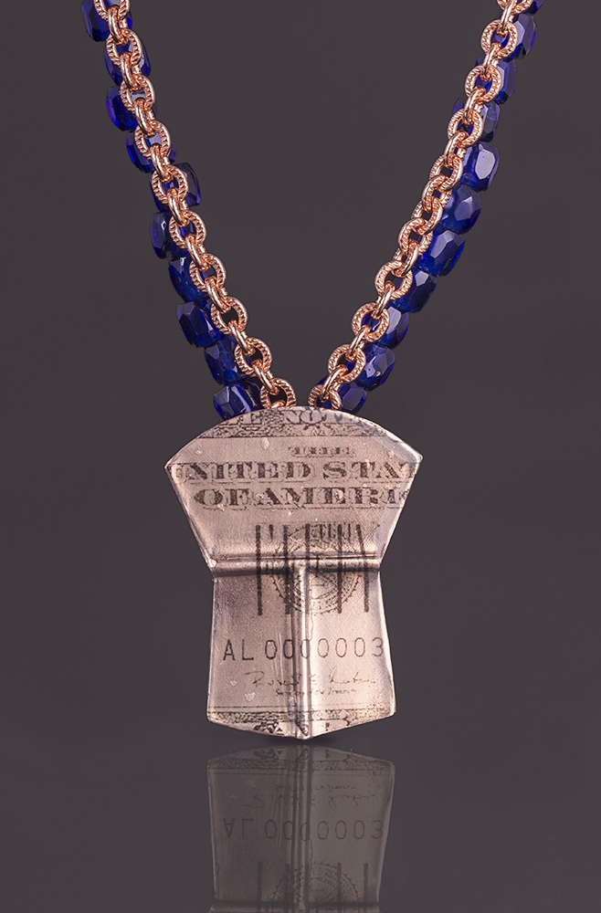 Fifty Copper Pendant Alison Bremner Tlingit Copper Pendant with cobalt blue glass beads, blue seed beads, copper chain 2 ¾”L X 1 ¾”W pendant, with chain 24”