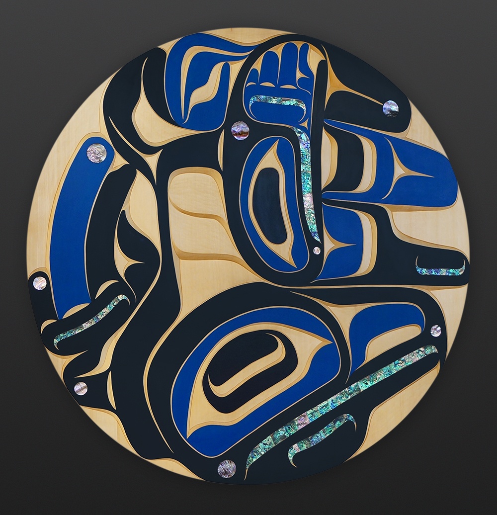 Blue Raven Moy Sutherland Nuu Chah Nulth Yellow cedar paint abalone 36 dia. 9500